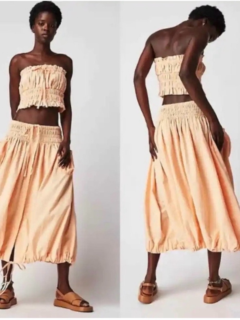 NWOT Free People oversized Peach Smocked Midi Skirt Set